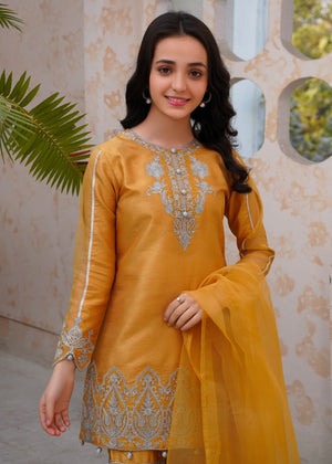 Gold Raw Silk Gharara Set with Silver Embroidery & Organza Dupatta – 3-Piece Festive Ensemble