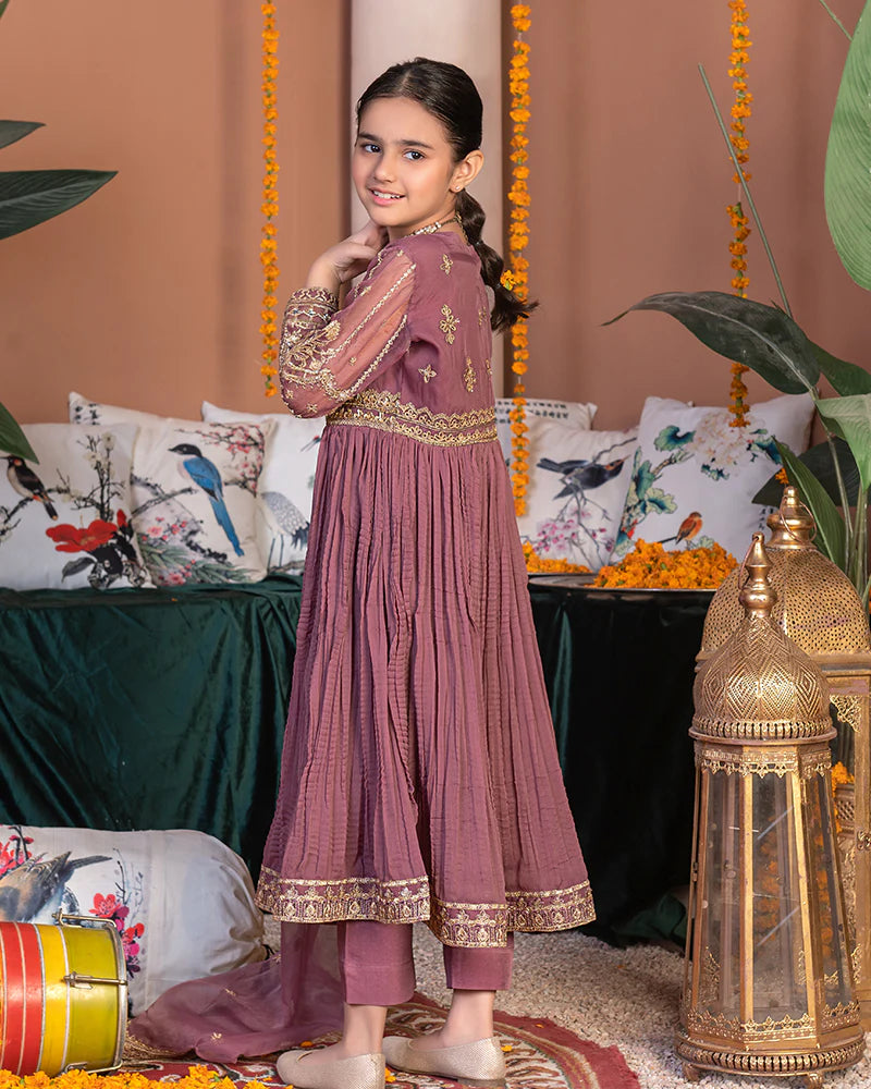 EMBROIDERED CHIFFON STITCHED 3 PIECE KIDS DRESS