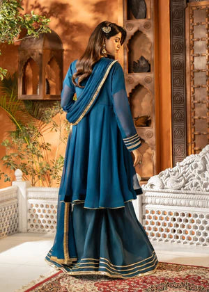 EMBROIDERED CHIFFON STITCHED 3 PIECE SHARARA DRESS