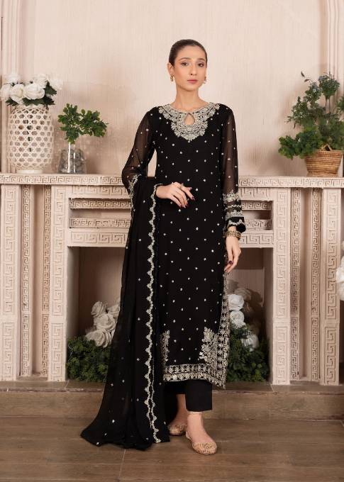 EMBROIDERED CHIFFON STITCHED 3 PIECE DRESS