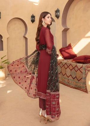 Maroon Embroidered Chiffon 4-Piece Kurta Set – Ready-to-Wear Ensemble