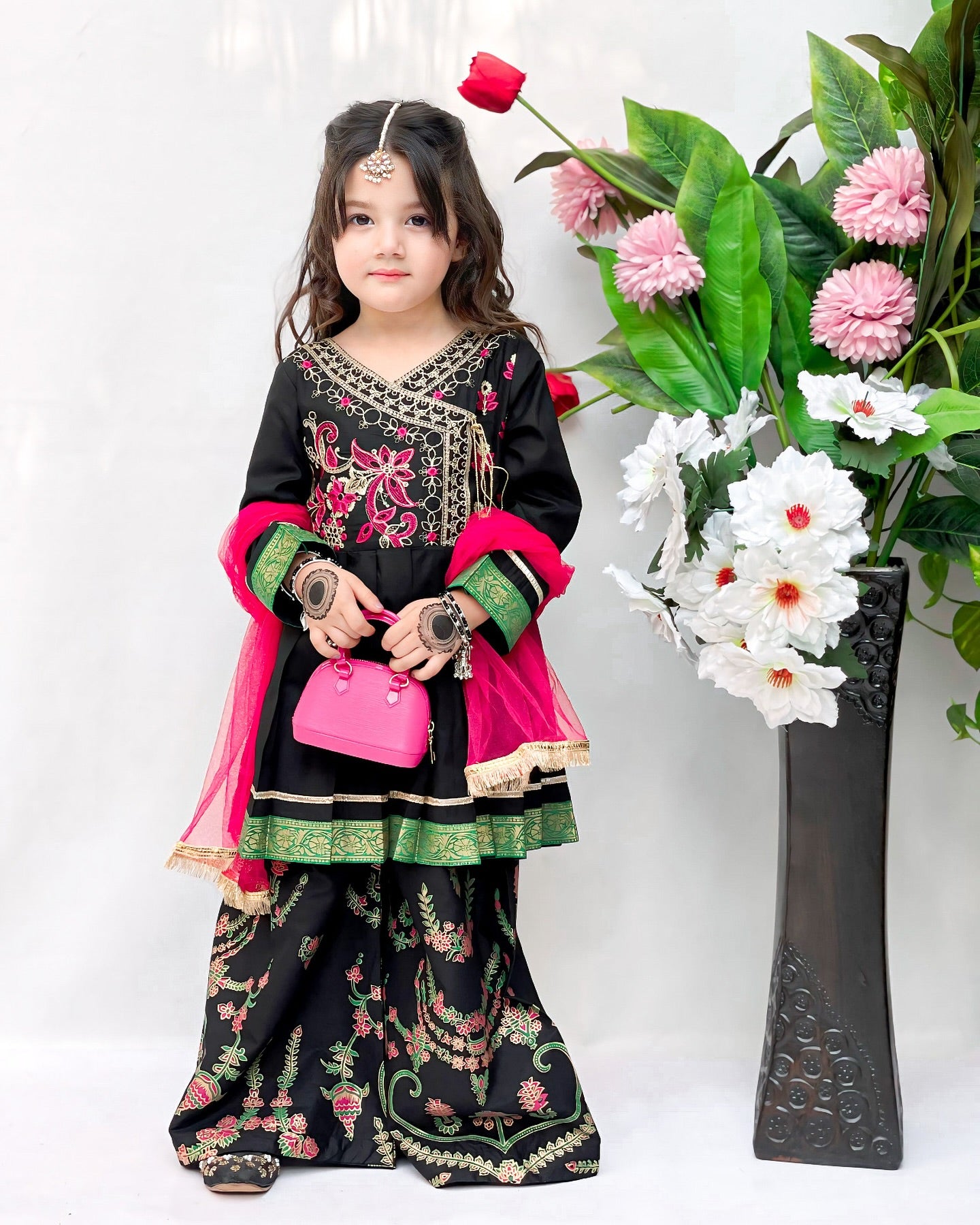 Black Embroidered Gharara with Pink Dupatta
