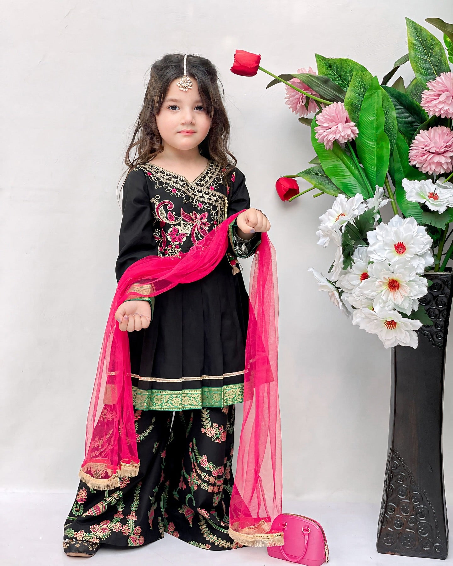 Black Embroidered Gharara with Pink Dupatta