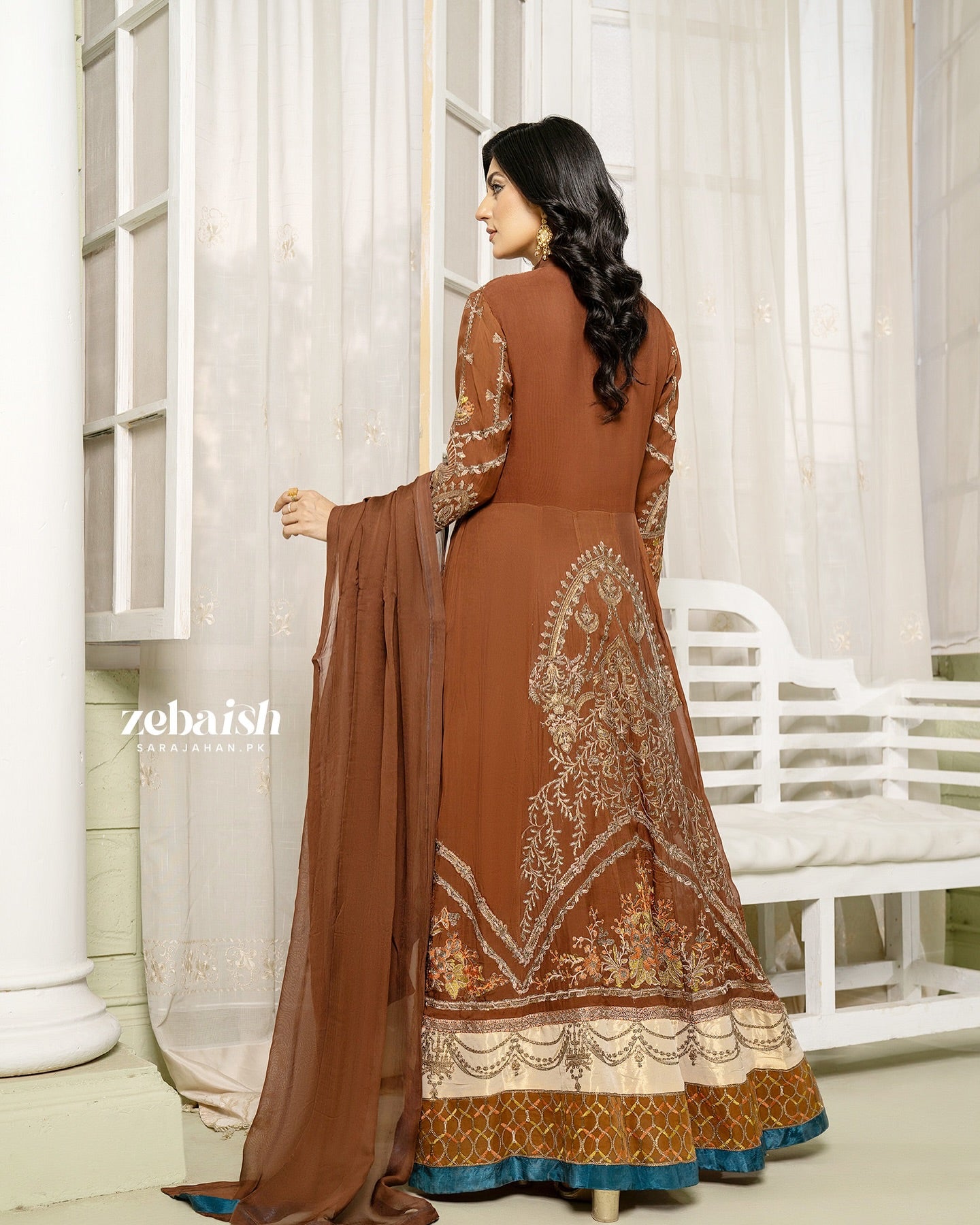 Elegant Brown Embroidered Maxi Set with Kattan Silk Trousers & Chiffon Dupatta - Eid outfits in Melbourne Australia