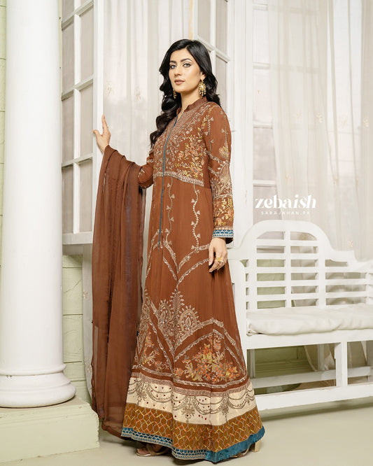 Elegant Brown Embroidered Maxi Set with Kattan Silk Trousers & Chiffon Dupatta - Eid outfits in Melbourne Australia