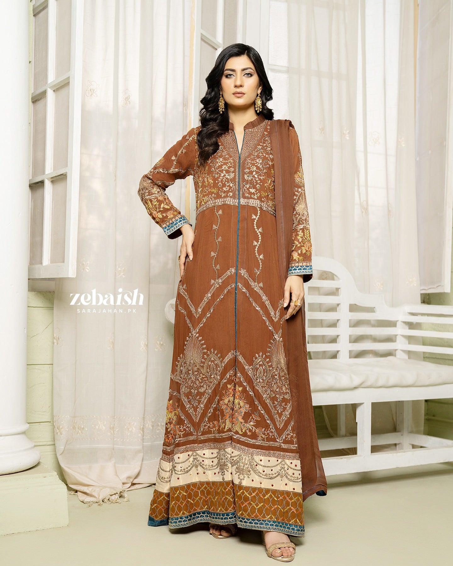 Elegant Brown Embroidered Maxi Set with Kattan Silk Trousers & Chiffon Dupatta - Eid outfits in Melbourne Australia
