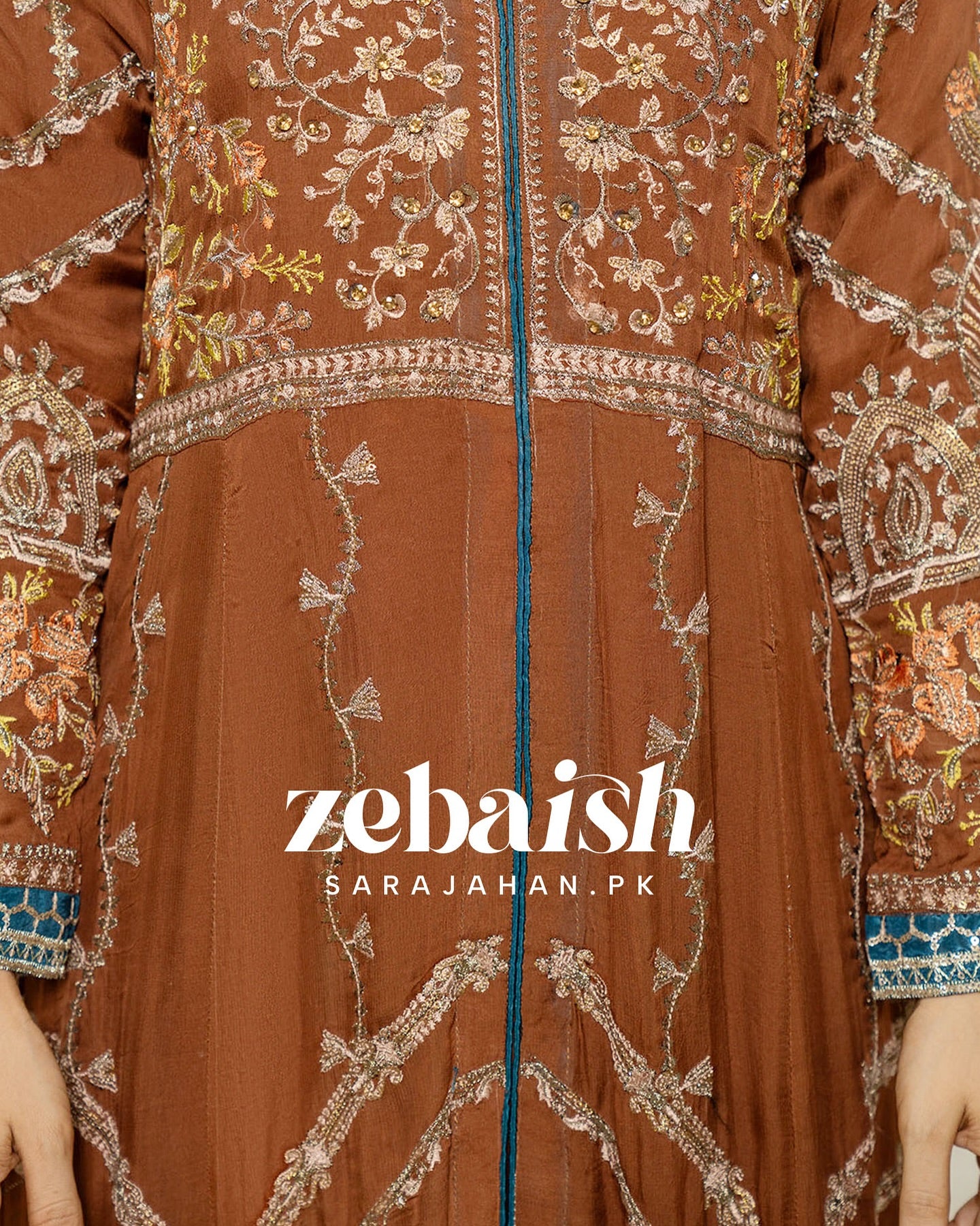 Elegant Brown Embroidered Maxi Set with Kattan Silk Trousers & Chiffon Dupatta - Eid outfits in Melbourne Australia