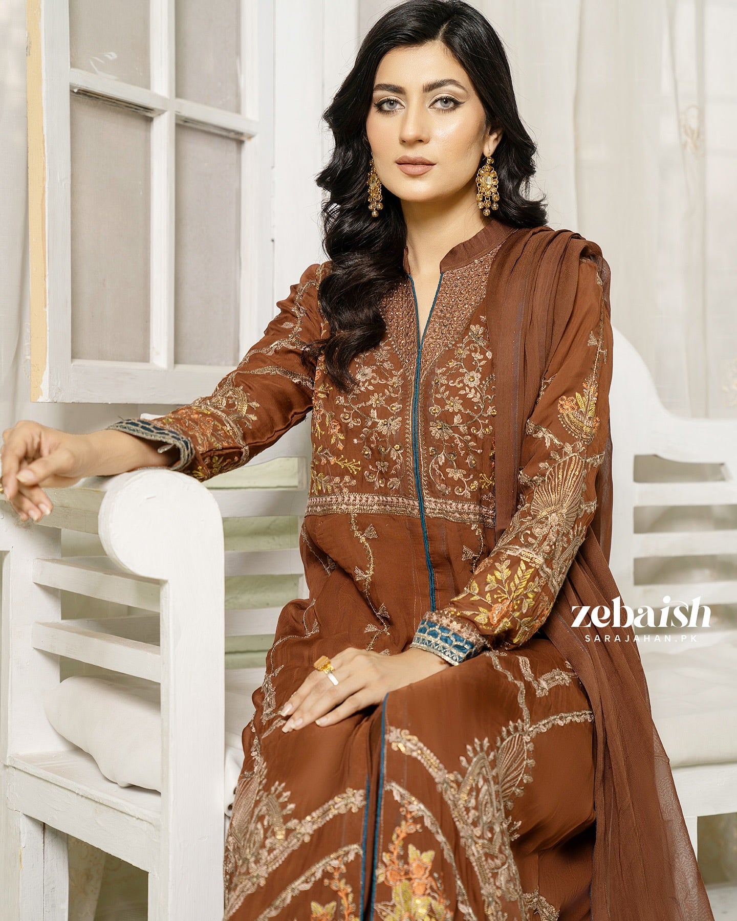 Elegant Brown Embroidered Maxi Set with Kattan Silk Trousers & Chiffon Dupatta - Eid outfits in Melbourne Australia