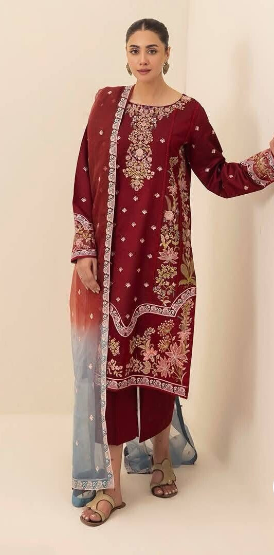 Elegant Maroon Embroidered Kurti with Ombre Dupatta and Gold Accessories