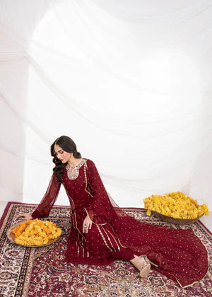 EMBROIDERED CHIFFON STITCHED 3 PIECE DRESS