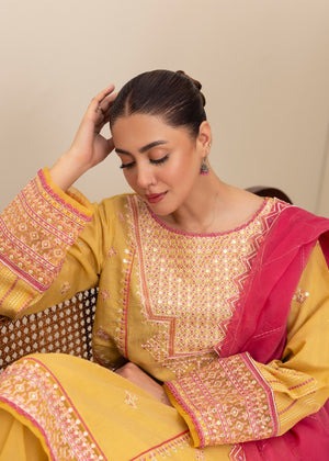 Sunny Elegance – Yellow 3-Piece Chambray Kurta Set with Organza Dupatta