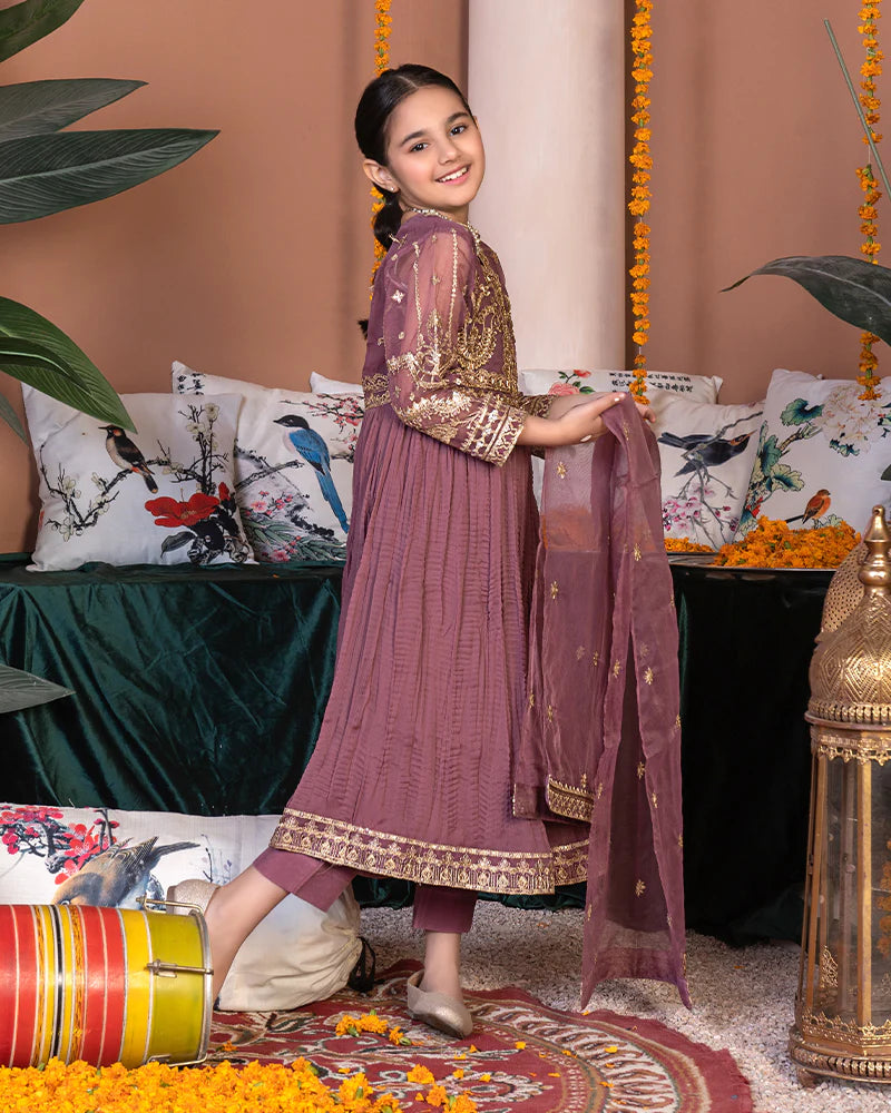 EMBROIDERED CHIFFON STITCHED 3 PIECE KIDS DRESS