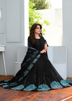Moonlight Black Flared Maxi Ensemble with Handmade Embroidery - This outfit is perfect for Eid celebrations in Australia