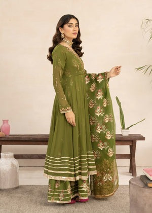 Olive Elegance – Festive Angrakha Maxi Set with Silk Trousers & Organza Dupatta
