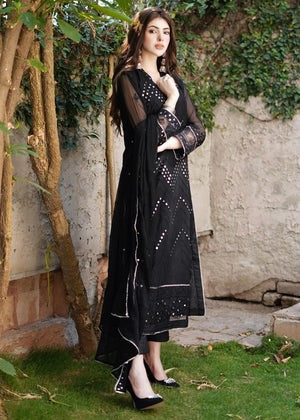 Black Sequins Embroidered Chiffon Suit with Raw Silk Trousers - We deliver Pakistani suits all across Australia