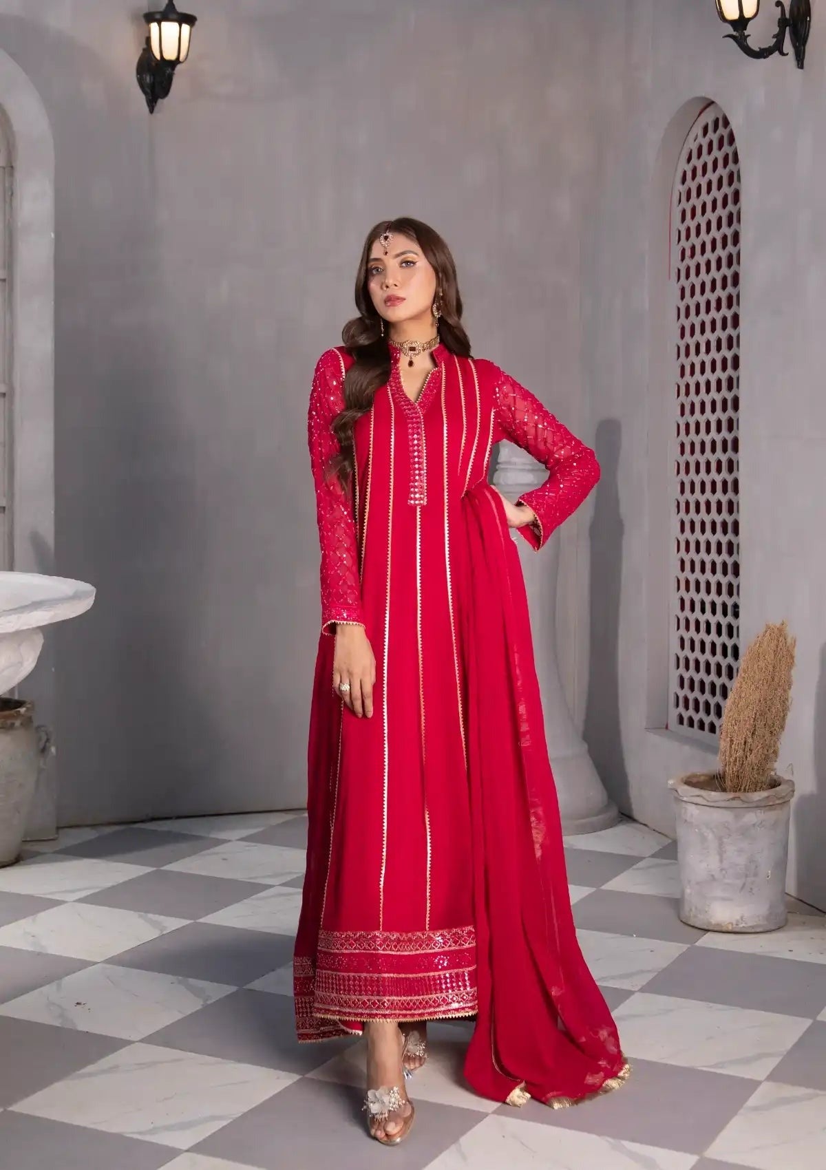 Luxury Red Anarkali Ensemble with Intricate Sleeve Embroidery & Flowing Dupatta