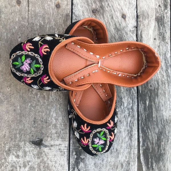 Black Velvet Kids Khussa with Peach & Pink Embroidery