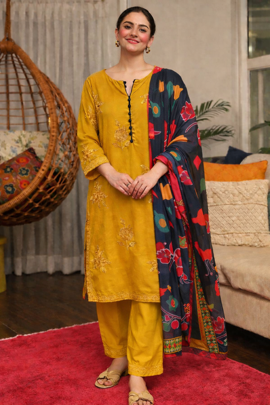 Mustard Bloom – Embroidered Kurta Set with Printed Dupatta