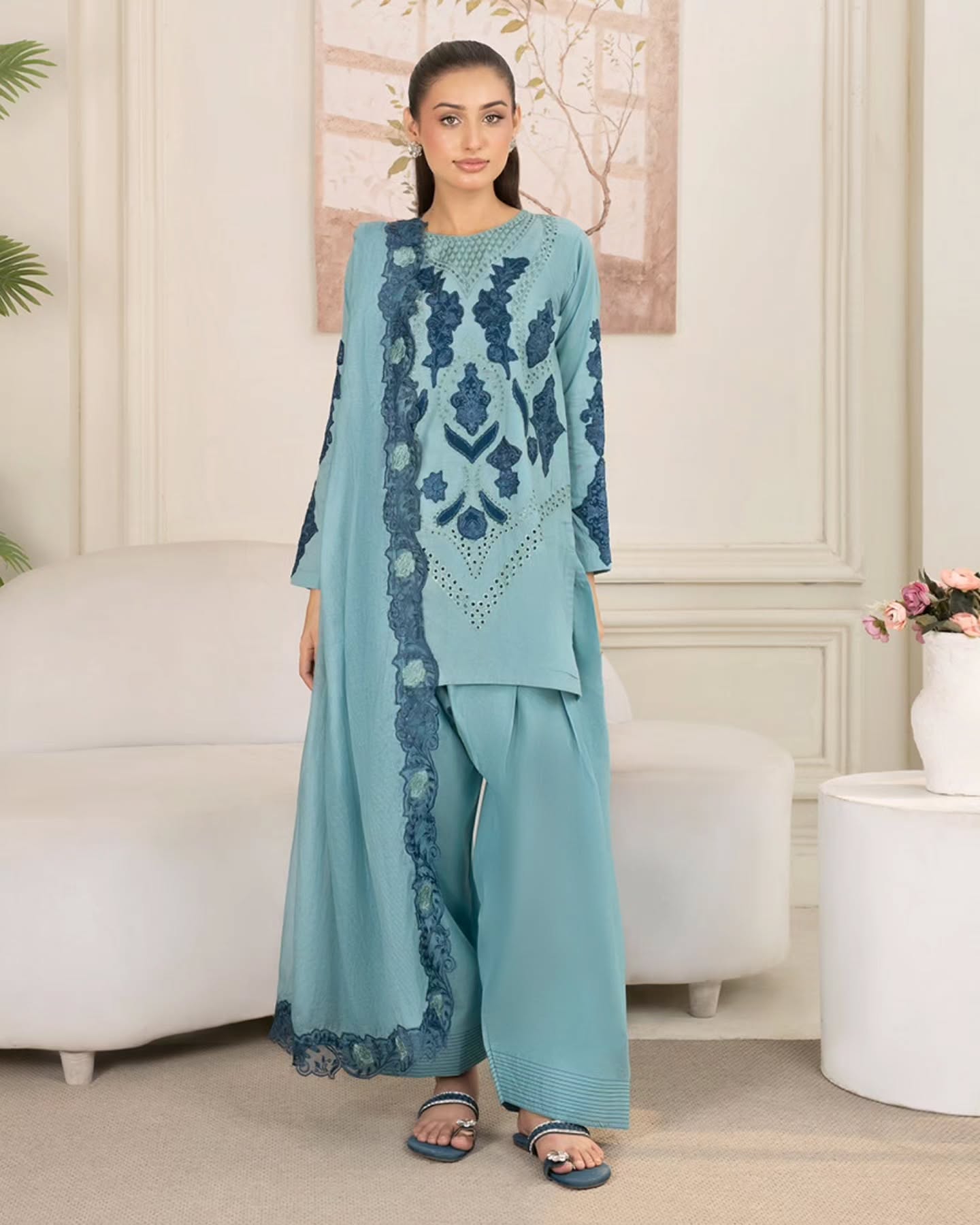 Breezy Powder Blue Embroidered 3-Piece Set with Organza Dupatta
