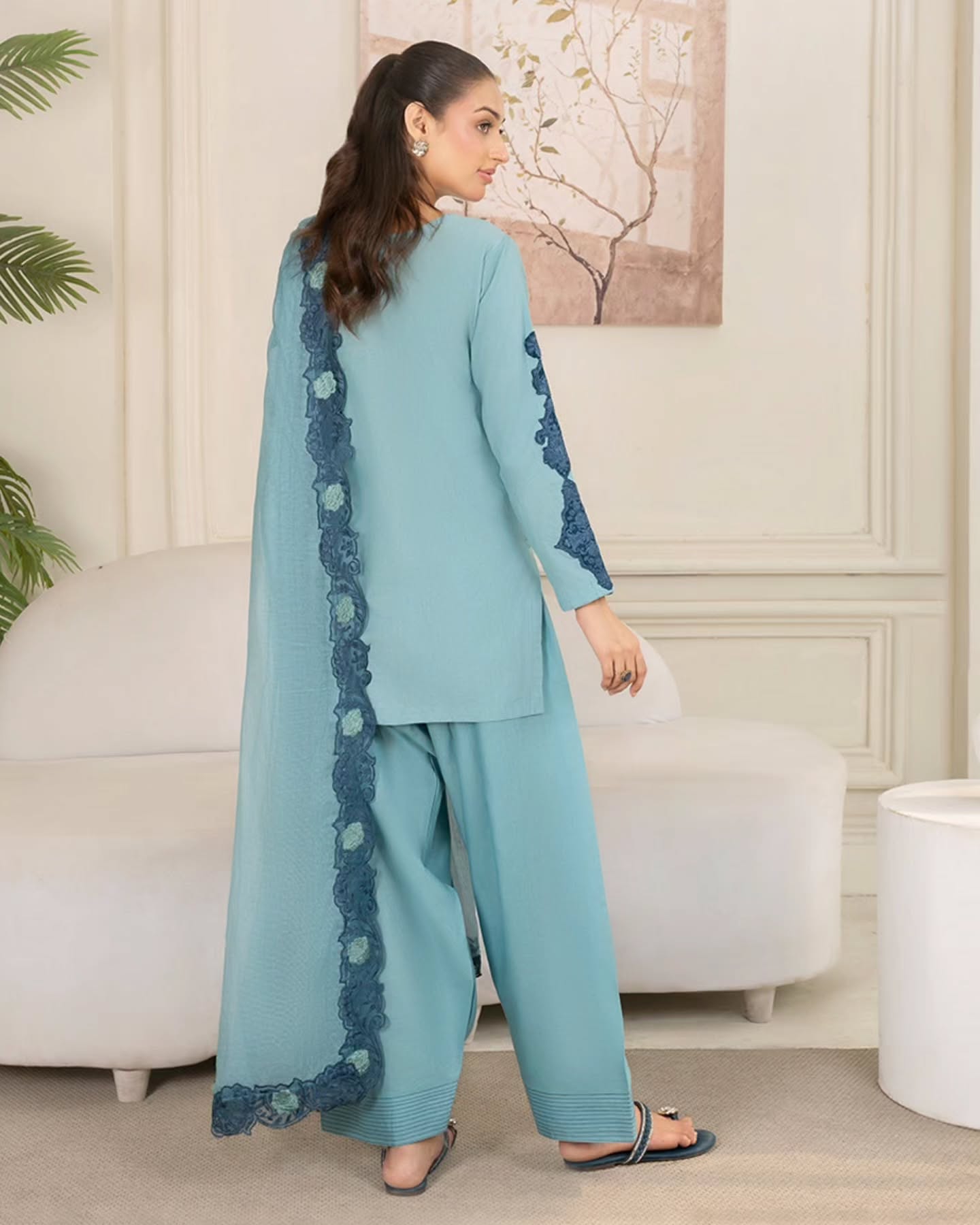 Breezy Powder Blue Embroidered 3-Piece Set with Organza Dupatta