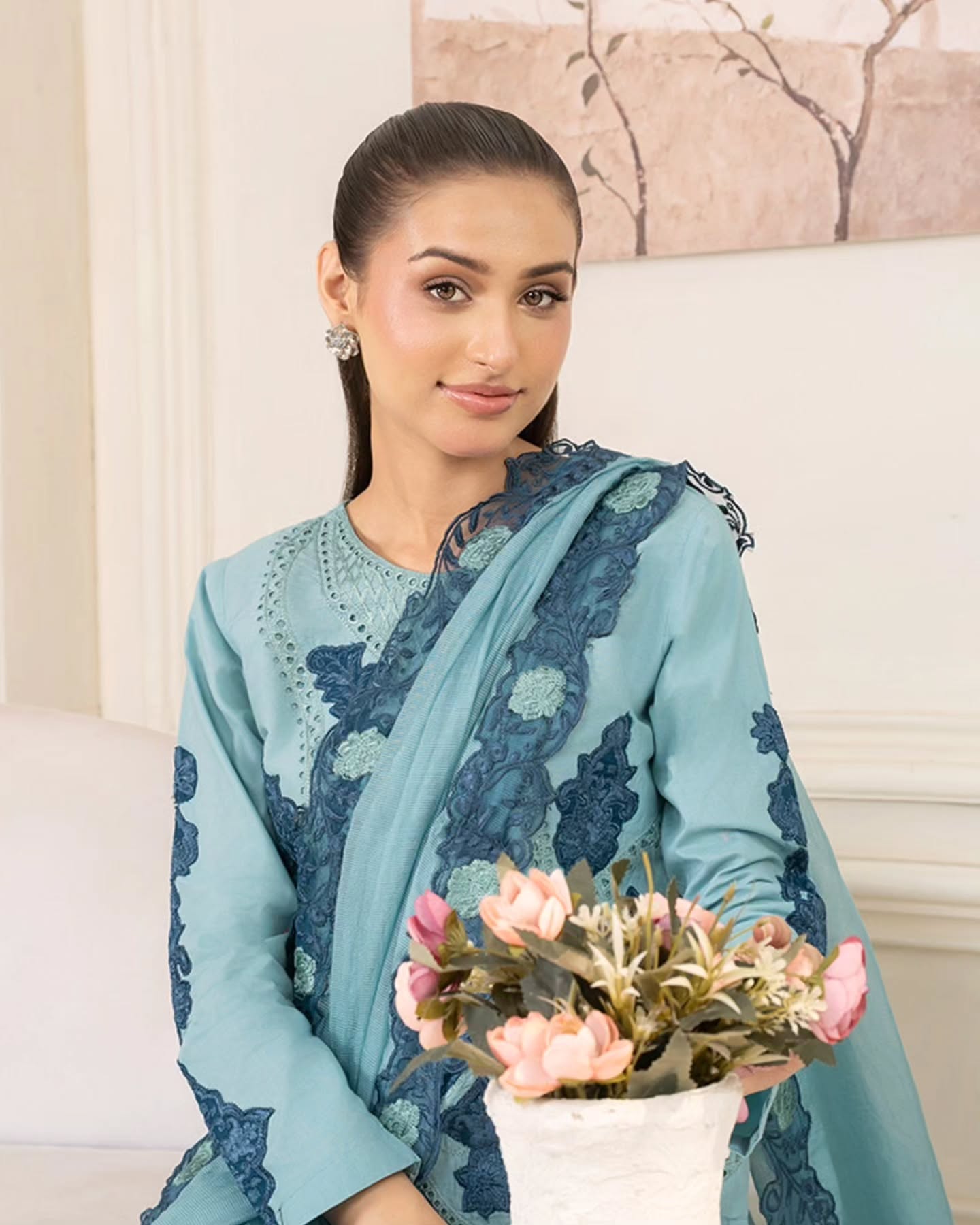 Breezy Powder Blue Embroidered 3-Piece Set with Organza Dupatta