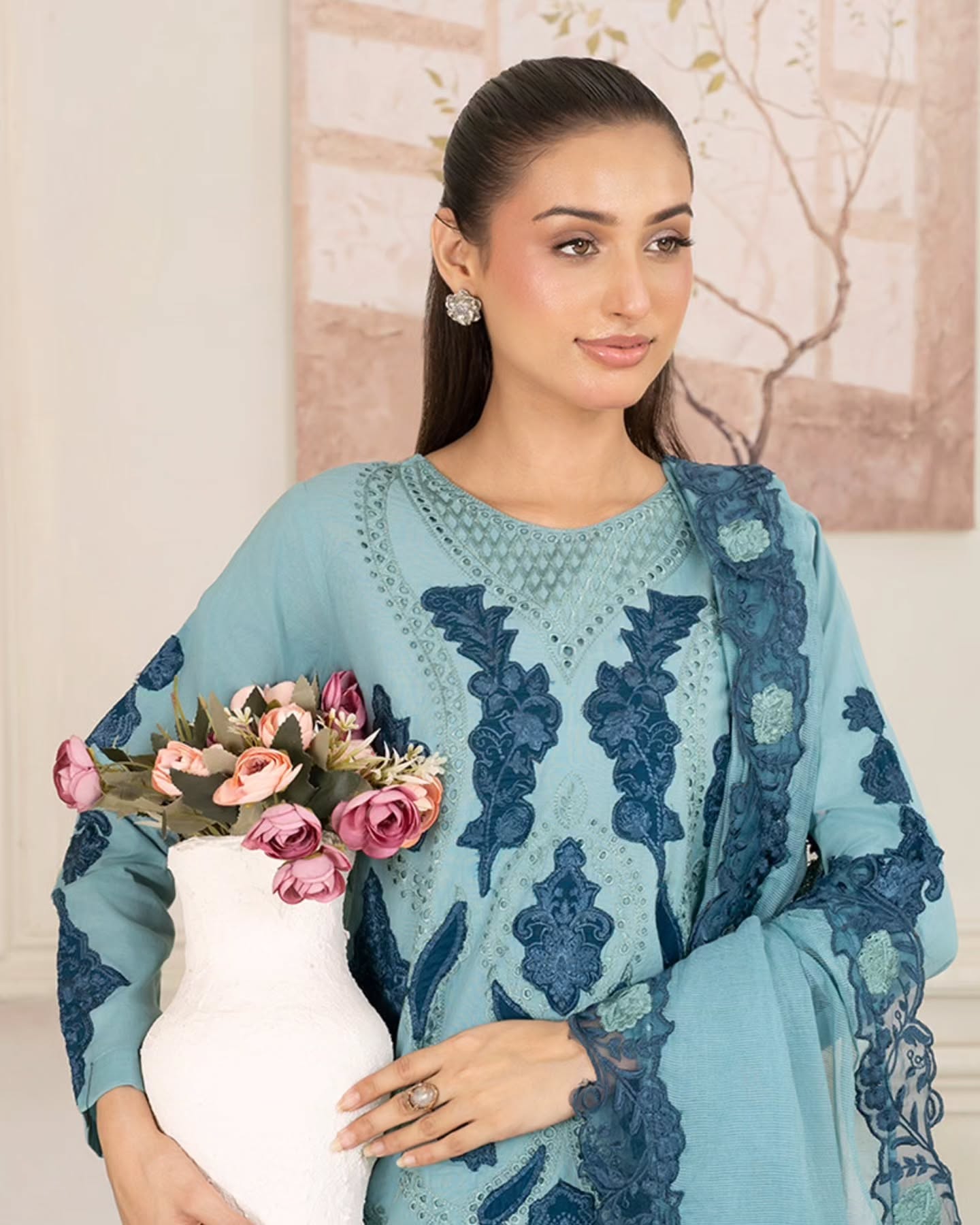 Breezy Powder Blue Embroidered 3-Piece Set with Organza Dupatta