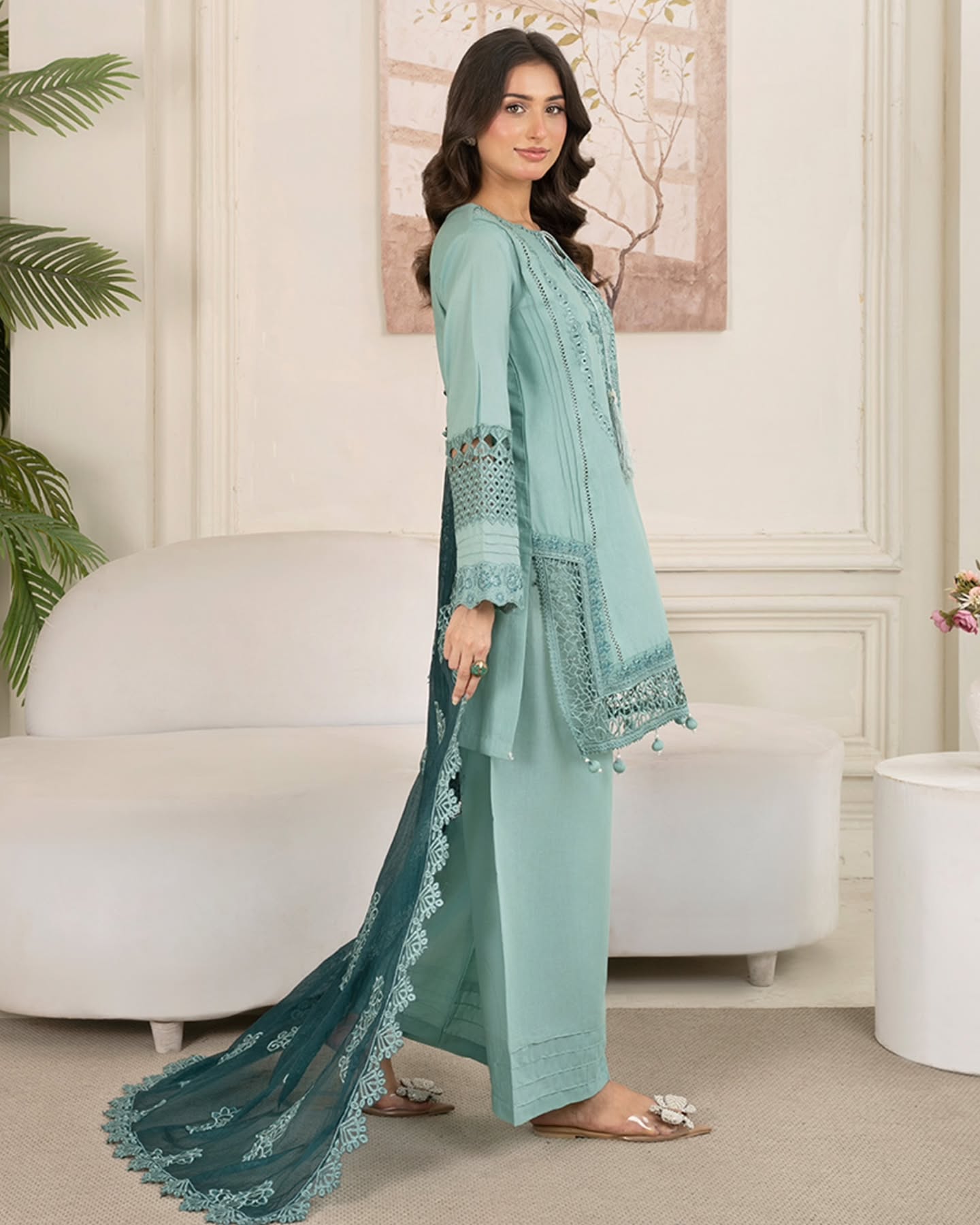 Blue-tiful Elegance – Embroidered Cotton Suit with Organza Dupatta