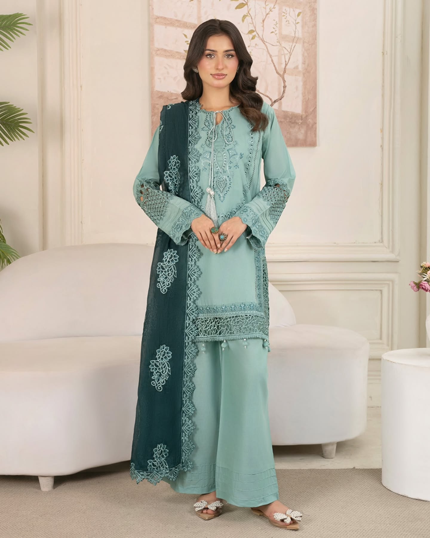 Blue-tiful Elegance – Embroidered Cotton Suit with Organza Dupatta