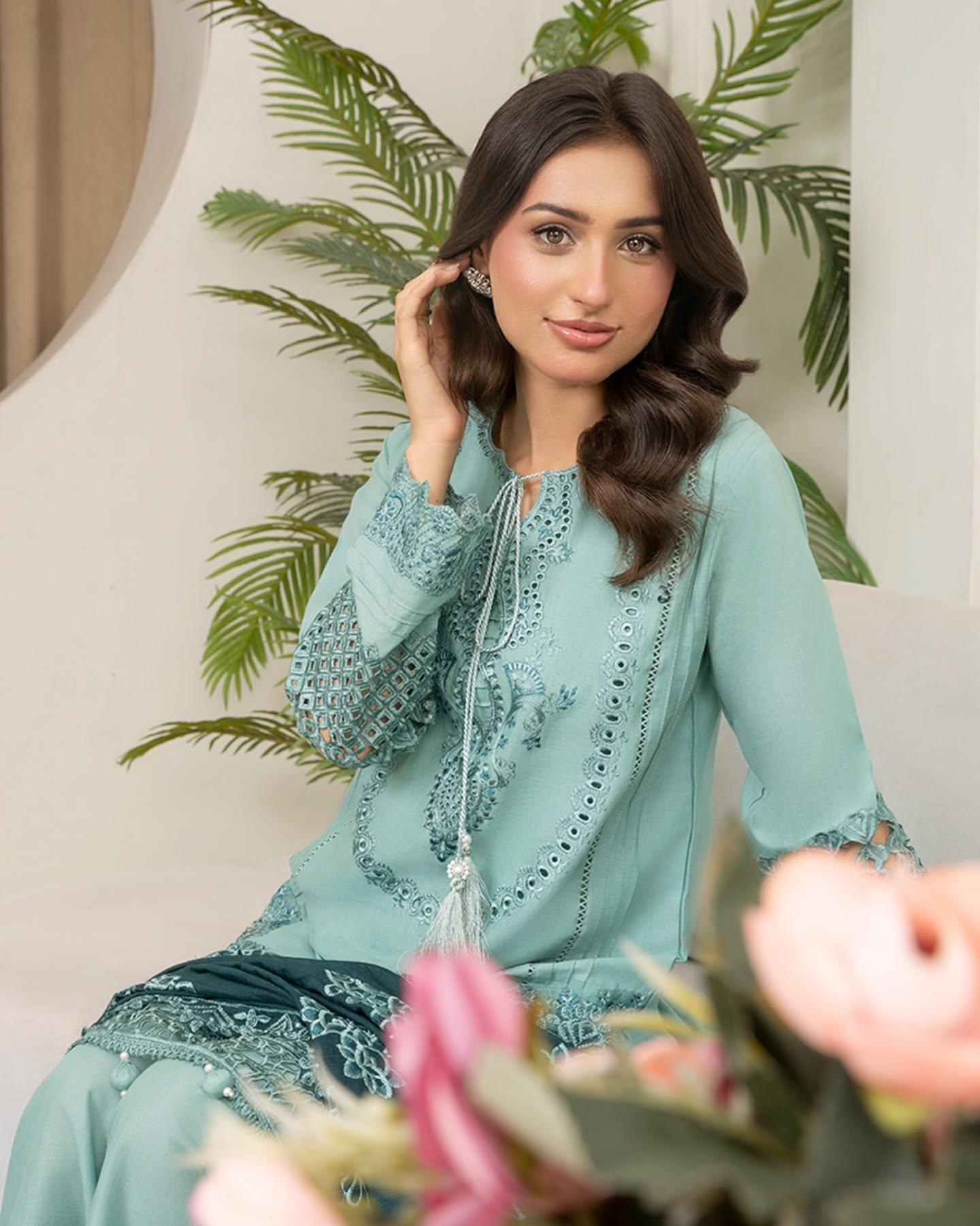 Blue-tiful Elegance – Embroidered Cotton Suit with Organza Dupatta