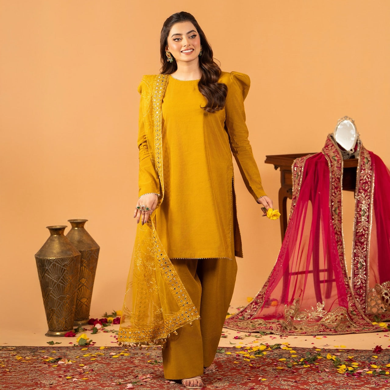 Golden Aura – Festive Embroidered Kurta Set with Organza Dupatta