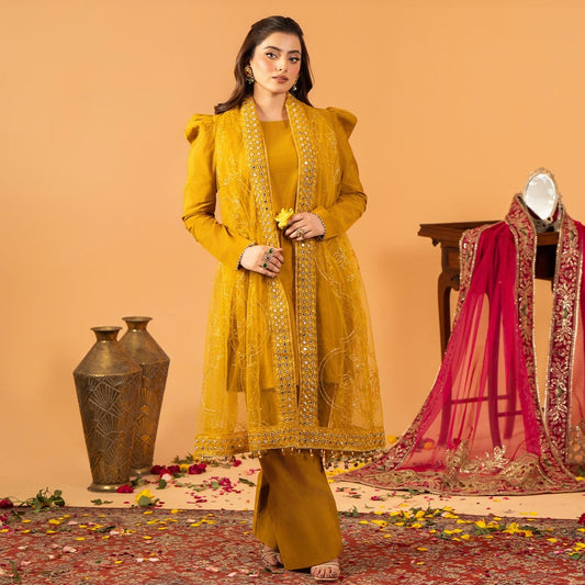 Golden Aura – Festive Embroidered Kurta Set with Organza Dupatta