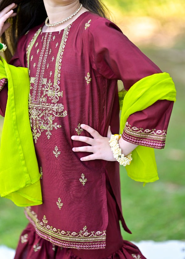 Embroidered Khadi Lawn 3-Piece Garara Suit with Chiffon Dupat