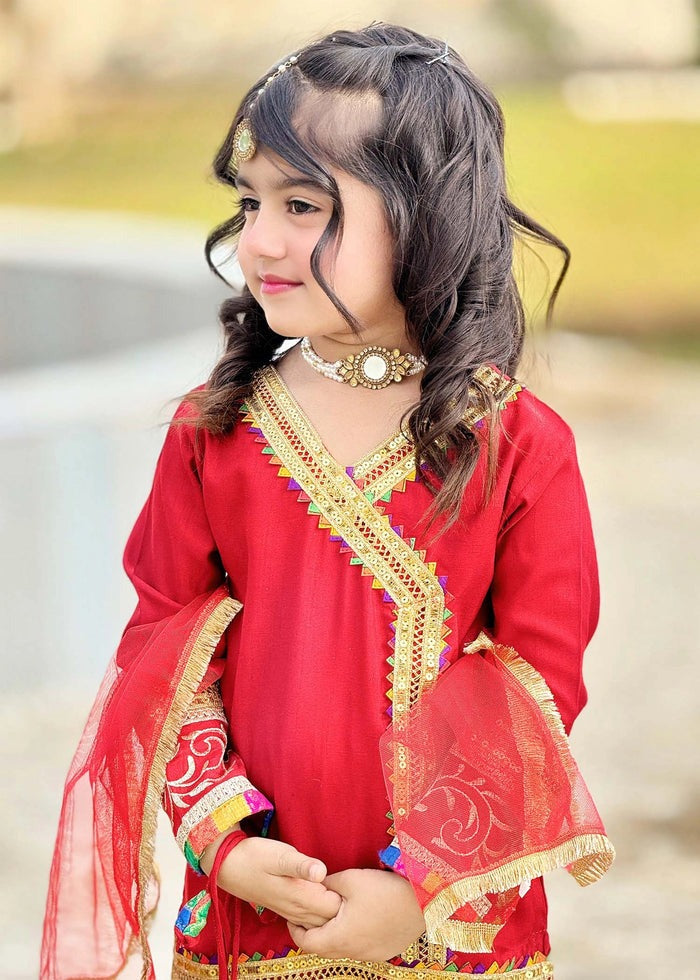Red Raw Silk 3-Piece Girls Angrakha Kurti with Jamawar Gharara & Net Dupatta
