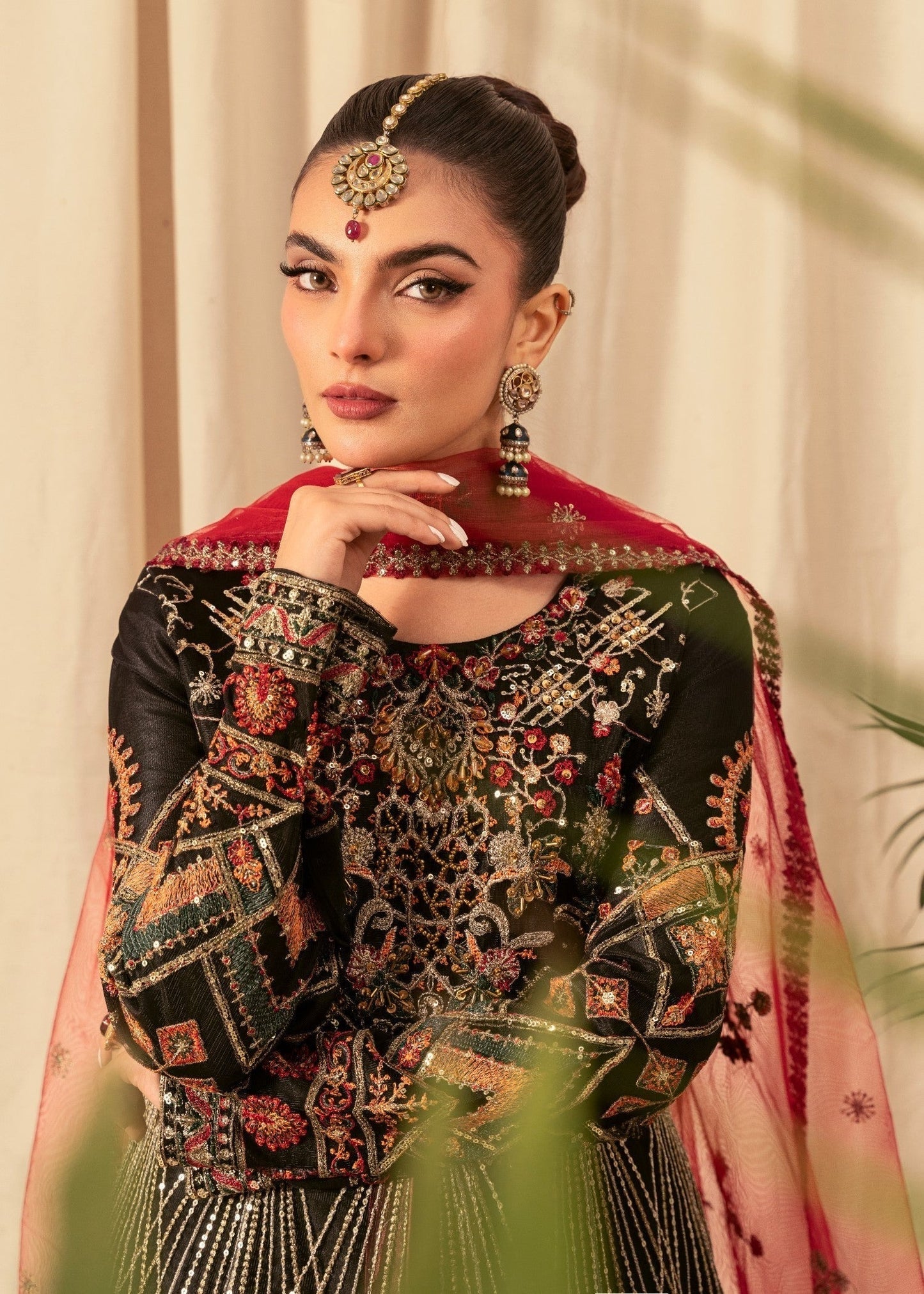 Maheen Black Embroidered Flared Maxi Set with Satin Trousers & Net Dupatta