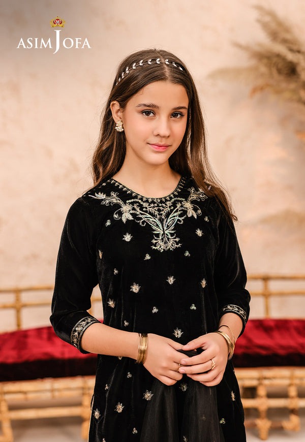Black Velvet Embroidered 3-Piece Ensemble with Raw Silk Trousers & Net Dupatta