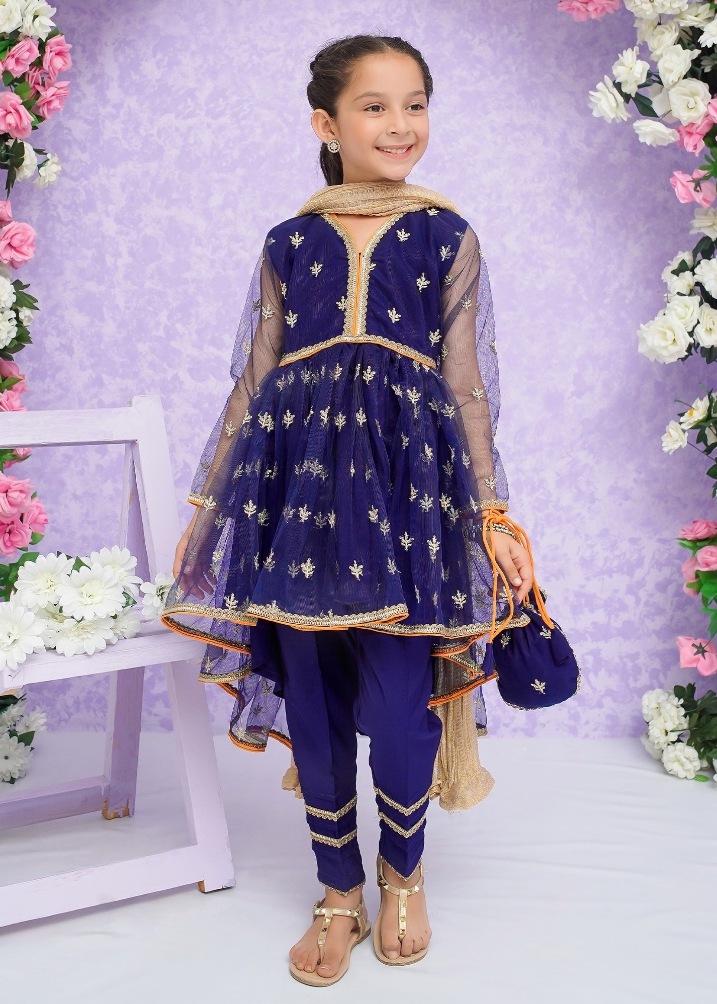 Blue Embroidered Net Frock Suit for Girls – 3 Piece Stitched Ready-to-Wear Set