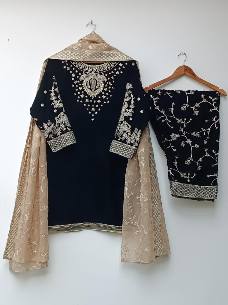 3PC Velvet Formal Suit with Full Embroidered Shirt & Organza Dupatta