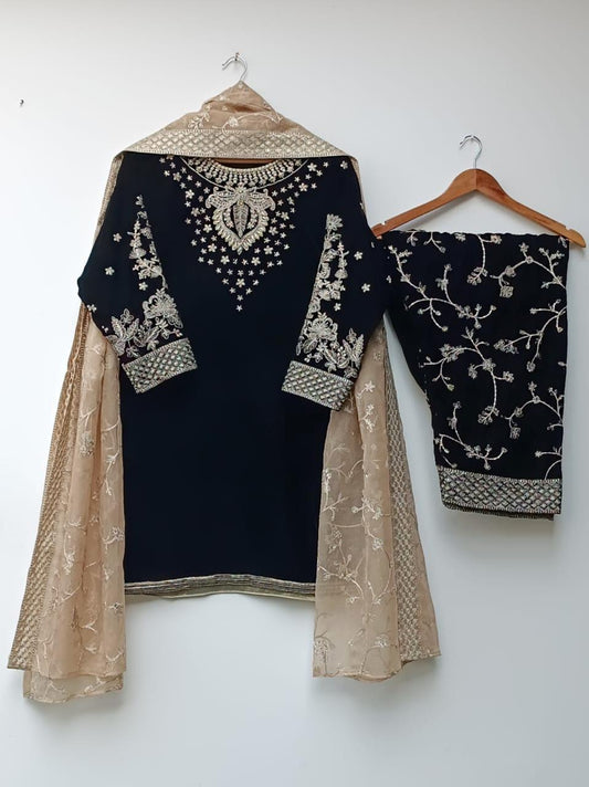 3PC Velvet Formal Suit with Full Embroidered Shirt & Organza Dupatta