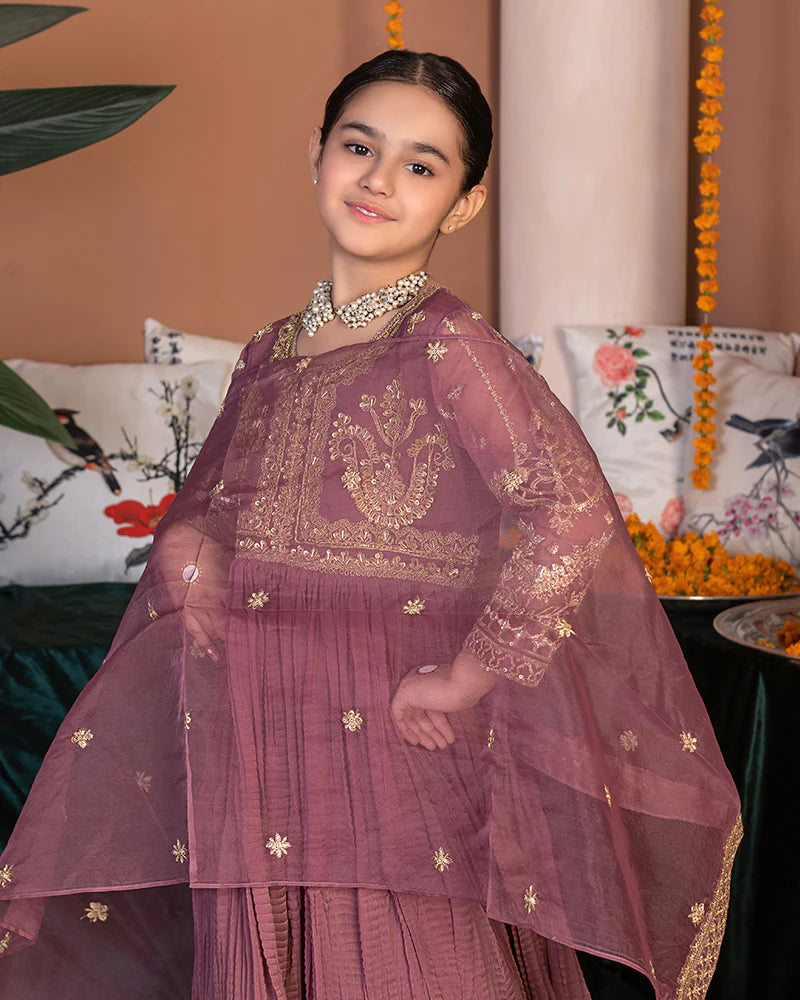 EMBROIDERED CHIFFON STITCHED 3 PIECE KIDS DRESS