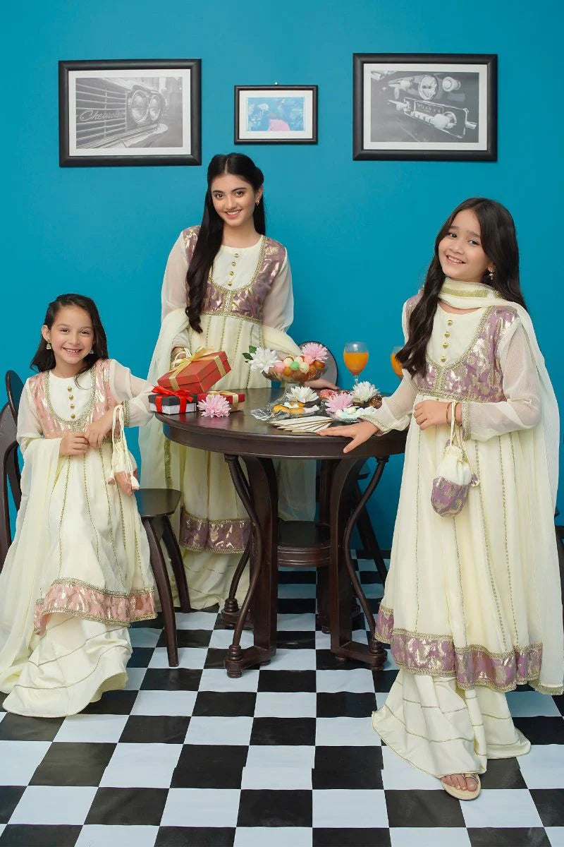 KIDS CHIFFON STITCHED 3 PIECE DRESS