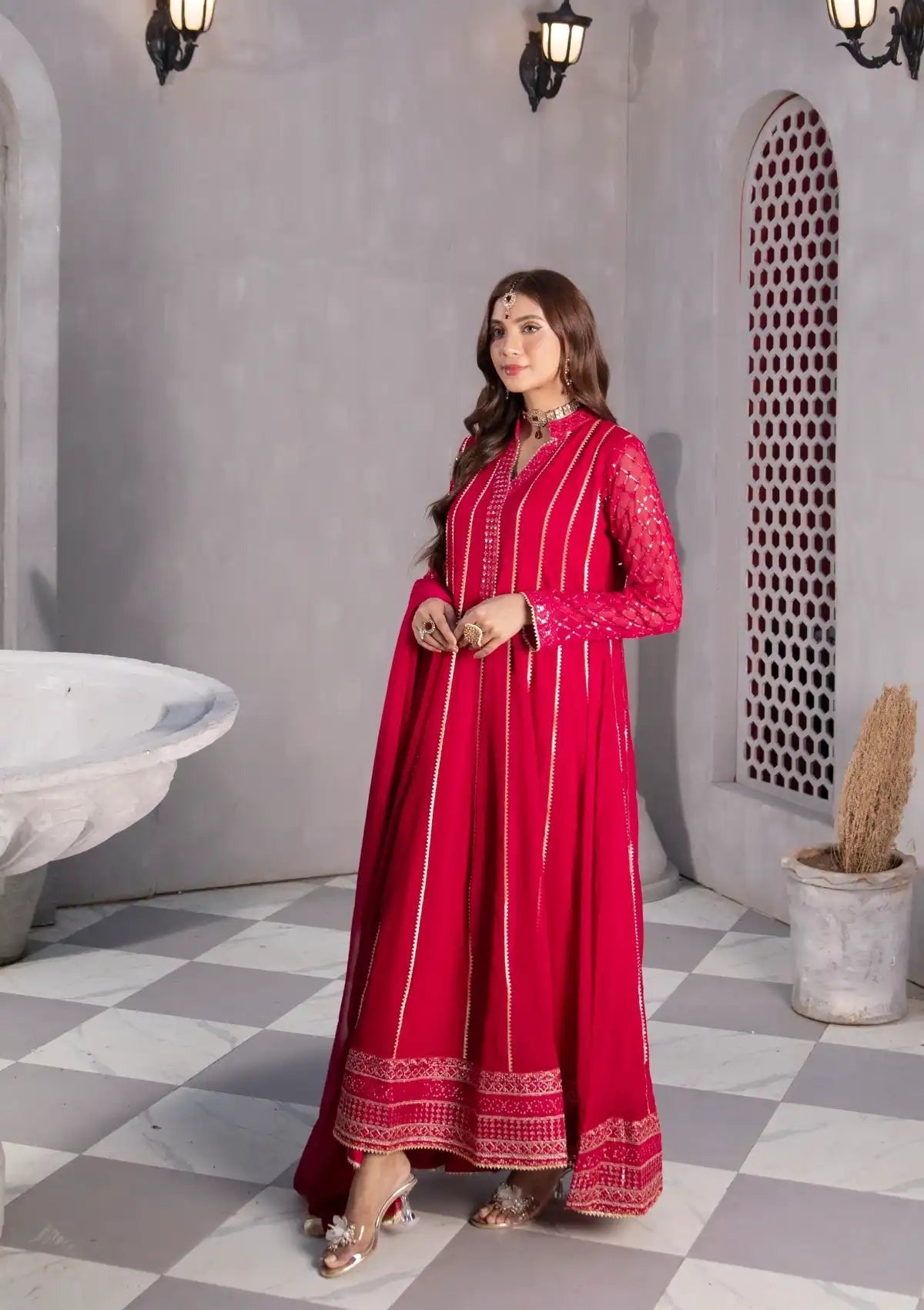 Luxury Red Anarkali Ensemble with Intricate Sleeve Embroidery & Flowing Dupatta