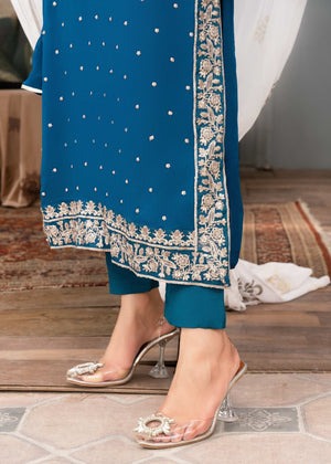 Luxury Ocean Blue Embroidered Chiffon 3-Piece Suit with Silk Crepe Trousers