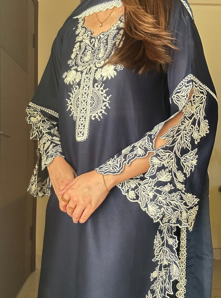 Teal Blue Embroidered 3-Piece Suit with Chiffon Dupatta