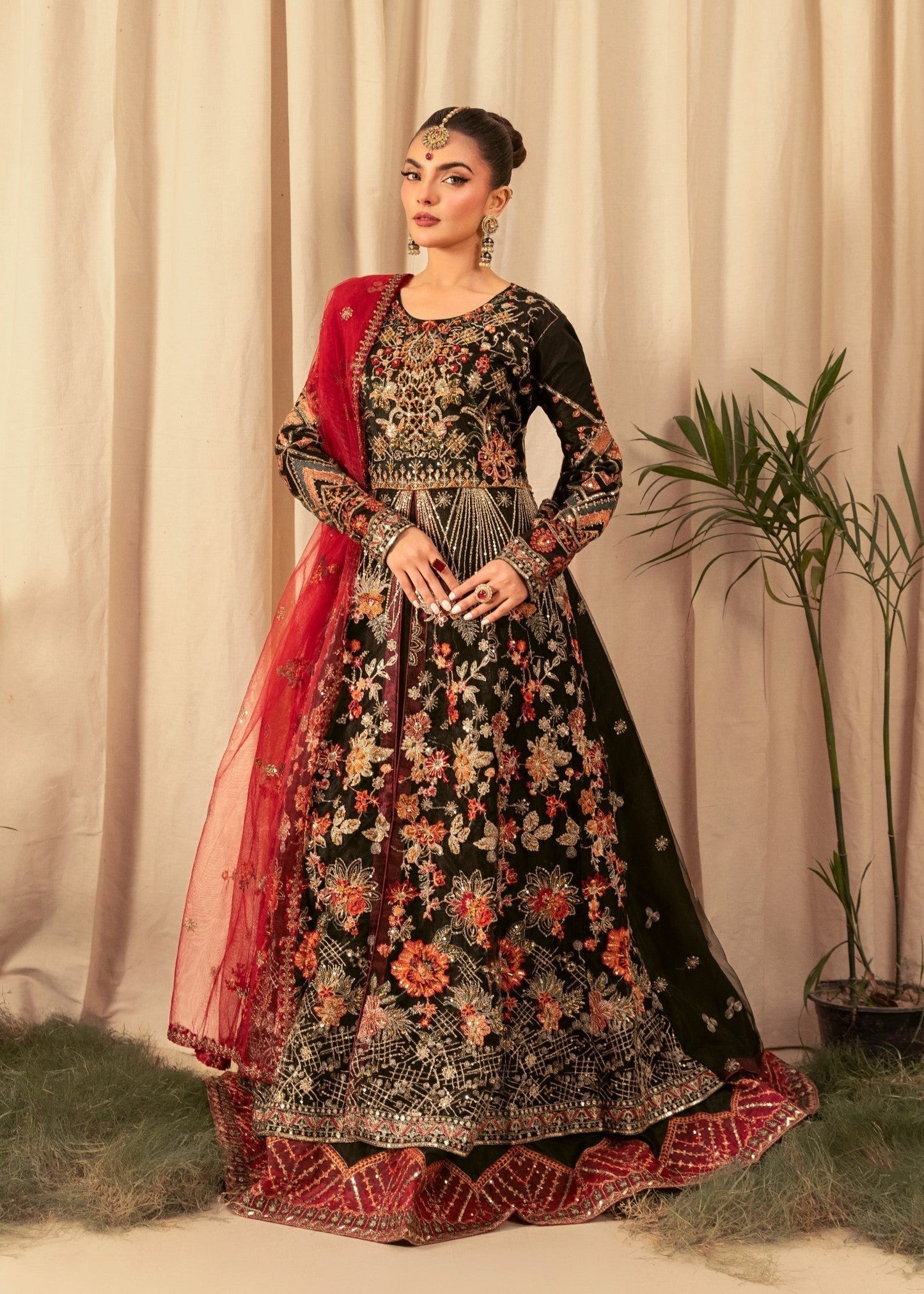 Maheen Black Embroidered Flared Maxi Set with Satin Trousers & Net Dupatta