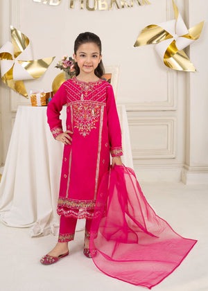 Fuchsia Raw Silk 3-Piece Set with Embroidered Long Kurta & Organza Dupatta