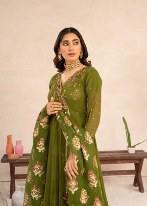 Olive Elegance – Festive Angrakha Maxi Set with Silk Trousers & Organza Dupatta