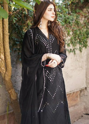 Black Sequins Embroidered Chiffon Suit with Raw Silk Trousers - We deliver Pakistani suits all across Australia