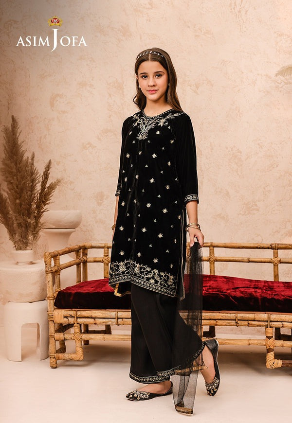 Black Velvet Embroidered 3-Piece Ensemble with Raw Silk Trousers & Net Dupatta