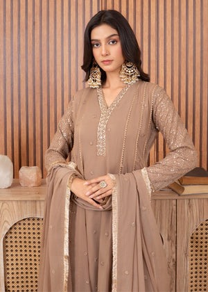 Camel Brown Embroidered Chiffon Flared Pishwas Maxi with Crepe Straight Trouser & Chiffon Dupatta