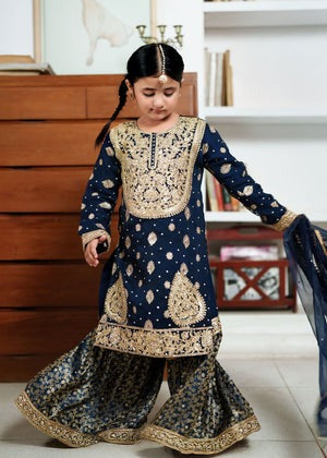 Navy Blue Chiffon Long Shirt Gharara Set with Dupatta – 3 Piece Festive Wear